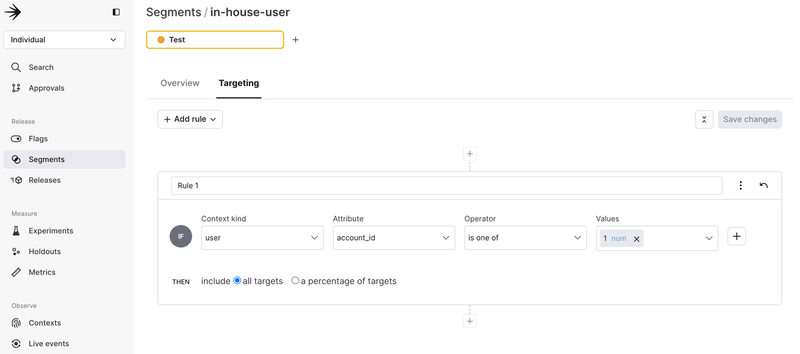 LaunchDarklyのセグメント設定画面