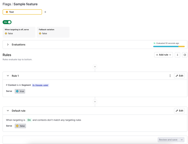 LaunchDarklyのフラグターゲティング設定画面